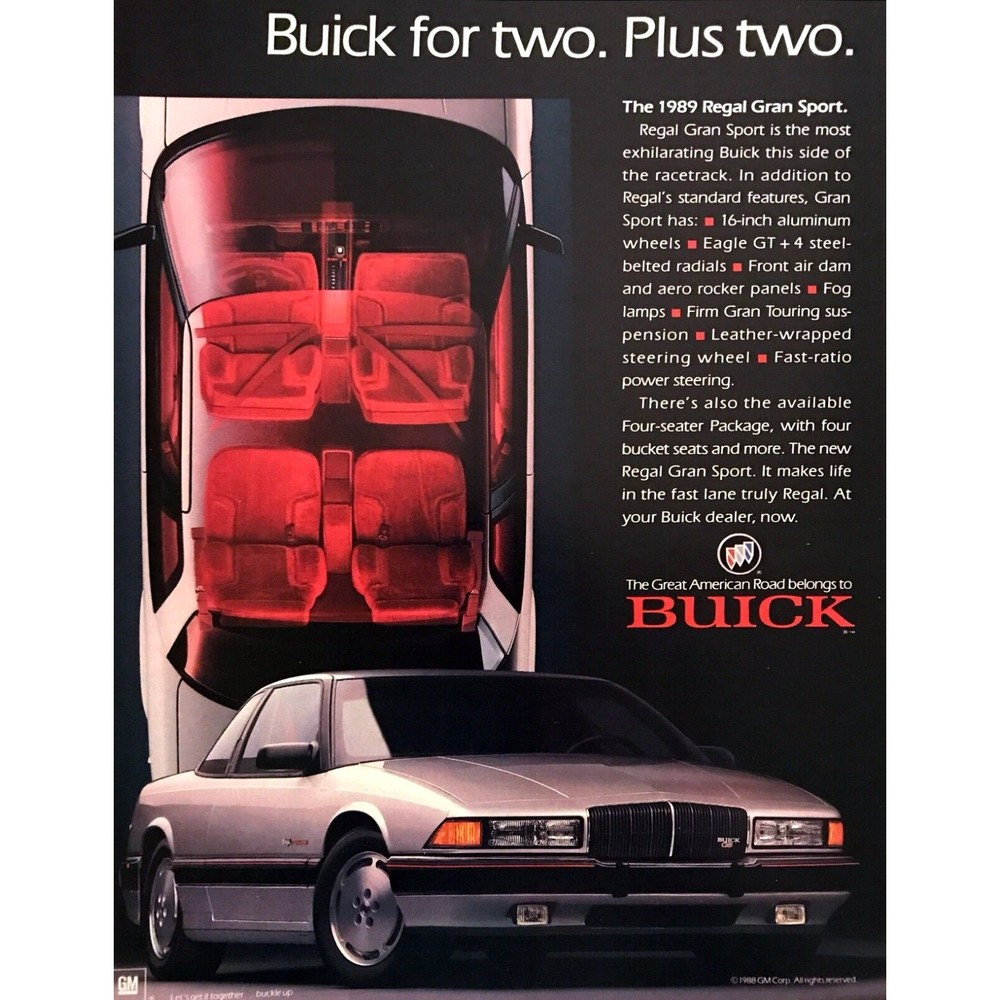 1989 Buick Regal Gran Sport Coupe photo "For Two+Two People" vintage print ad